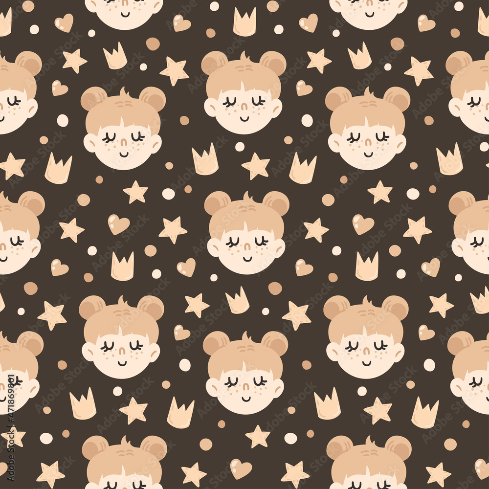 Fototapeta premium cute vector seamless pattern with cartoon red-haired girls' faces, crowns, stars, dots. children's background.