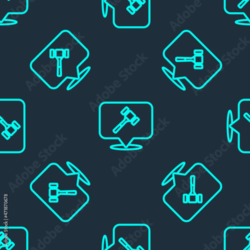 Green line Auction hammer icon isolated seamless pattern on blue background. Gavel - hammer of judge or auctioneer. Bidding process, deal done. Auction bidding. Vector