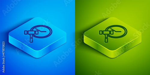 Isometric line Auction hammer icon isolated on blue and green background. Gavel - hammer of judge or auctioneer. Bidding process, deal done. Auction bidding. Square button. Vector