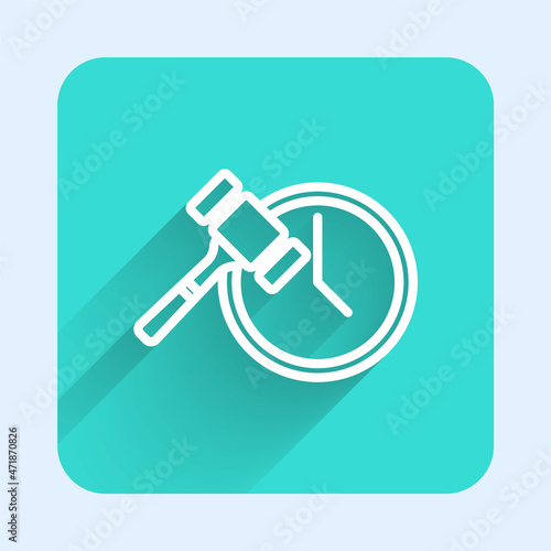 White line Auction hammer icon isolated with long shadow background. Gavel - hammer of judge or auctioneer. Bidding process, deal done. Auction bidding. Green square button. Vector