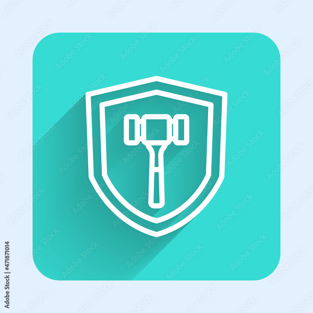 White line Auction hammer icon isolated with long shadow background. Gavel - hammer of judge or auctioneer. Bidding process, deal done. Auction bidding. Green square button. Vector White line Auction hammer icon isolated with long shadow background. Gavel - hammer of judge or auctioneer. Bidding process, deal done. Auction bidding. Green square button. Vector
