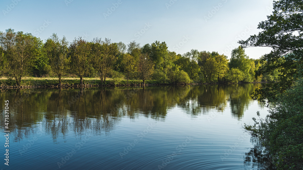 Springtime at the River Ruhr between Kettwig and Werden in Essen, North Rhine-Westphalia, Germany