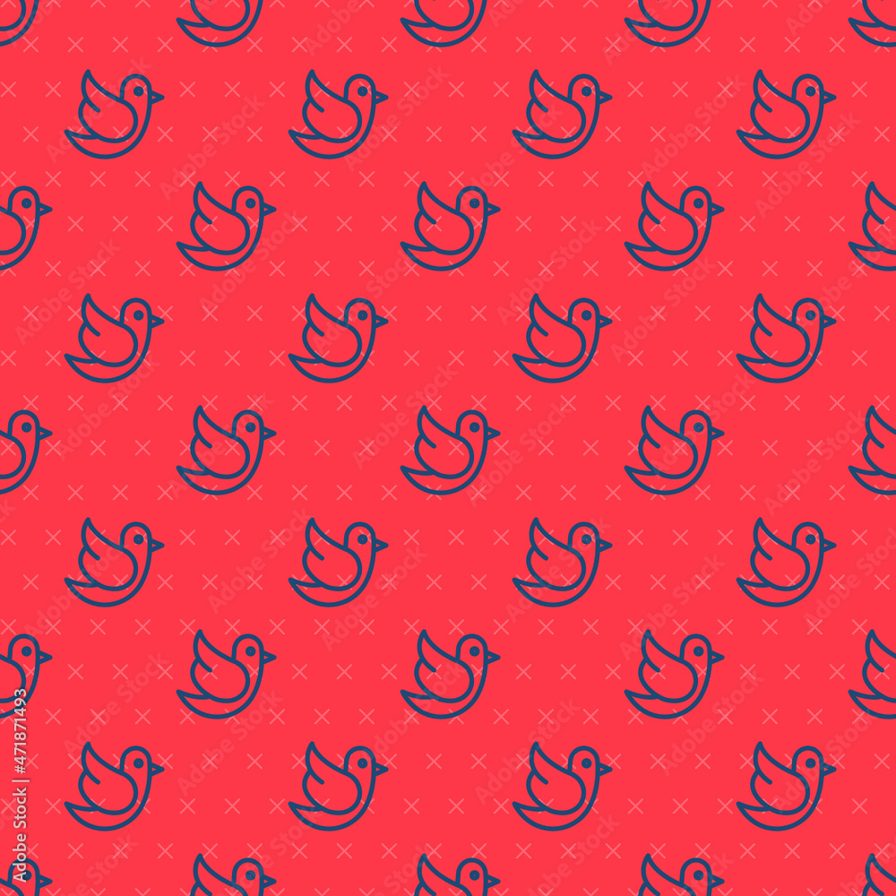 Blue line Dove icon isolated seamless pattern on red background. Vector Blue line Dove icon isolated seamless pattern on red background. Vector
