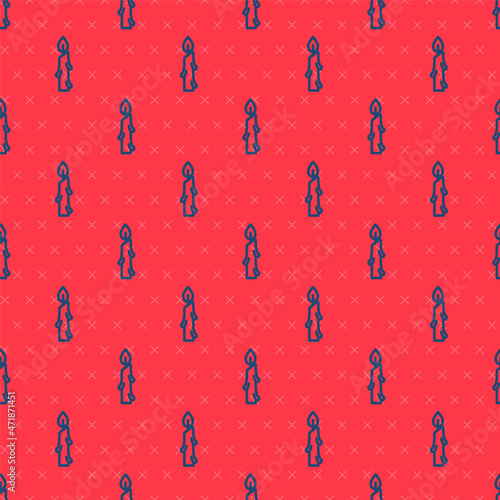 Blue line Burning candle icon isolated seamless pattern on red background. Cylindrical candle stick with burning flame. Vector