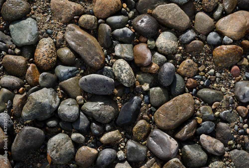 background and texture of wet stones, wet chanting on the shore of a lake background and texture of wet stones, wet chanting on the shore of a lake