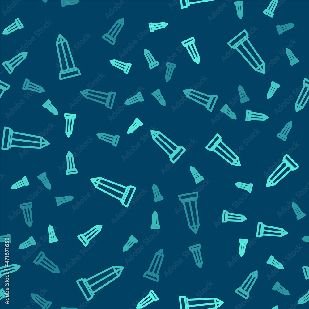 Green line Obelisk of Alexandria icon isolated seamless pattern on blue background. Stone monument. Historical monument. High pillar memorial and column. Vector Green line Obelisk of Alexandria icon isolated seamless pattern on blue background. Stone monument. Historical monument. High pillar memorial and column. Vector