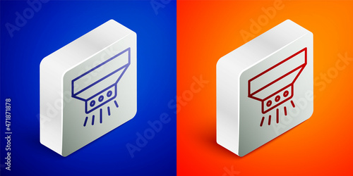 Isometric line Fire sprinkler system icon isolated on blue and orange background. Sprinkler, fire extinguisher solid icon. Silver square button. Vector