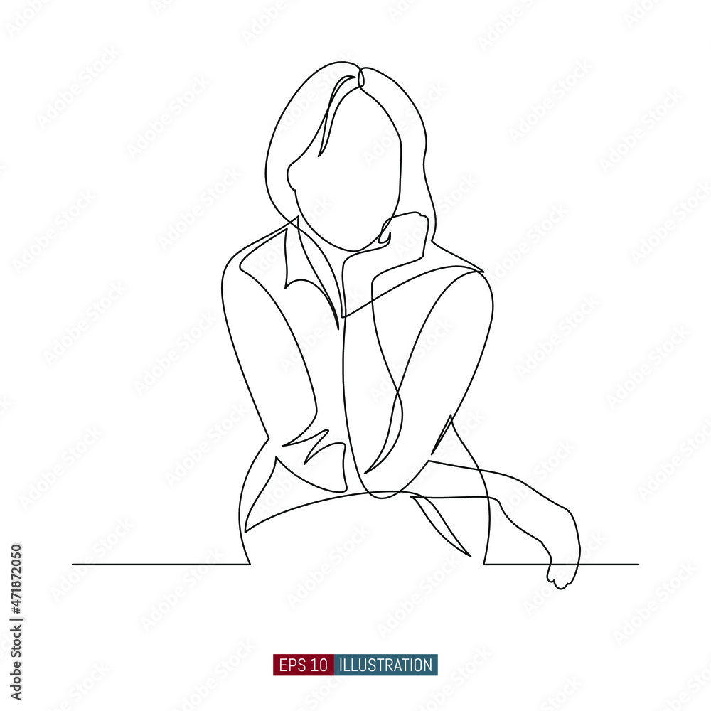 Continuous line drawing of The woman sits and supports her head with ...