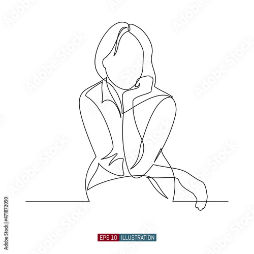 Continuous line drawing of The woman sits and supports her head with her hand. The girl is pensive. Template for your design works. Vector illustration.