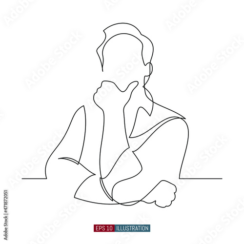 Continuous line drawing of The man stands and supports his head with his hand. The guy is thinking. Template for your design works. Vector illustration.
