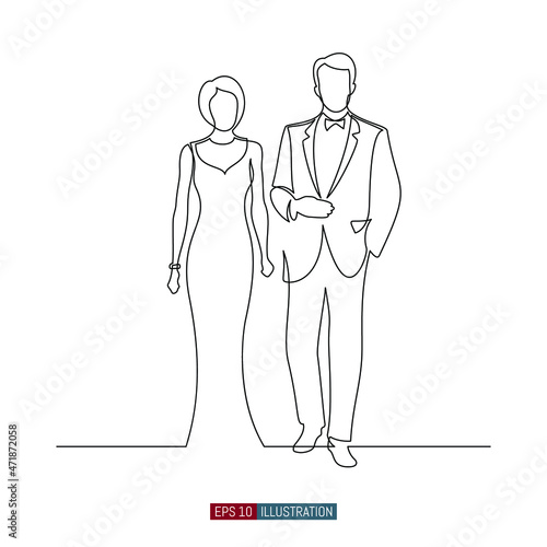 Continuous line drawing of A woman in an evening dress walks next to a man in a tuxedo. Template for your design works. Vector illustration.