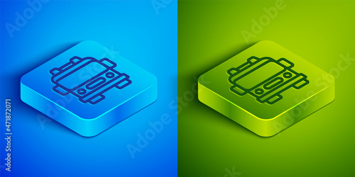 Isometric line Fire truck icon isolated on blue and green background. Fire engine. Firefighters emergency vehicle. Square button. Vector