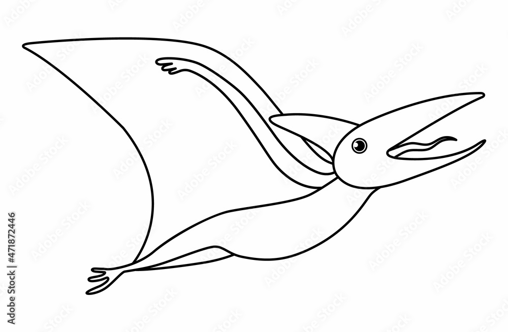 Black and white Pterodactyl dino flying among the clouds to nest with eggs.  Summer scene outline illustration with cute dinosaur. Funny prehistoric  reptiles coloring page for children. Stock Vector