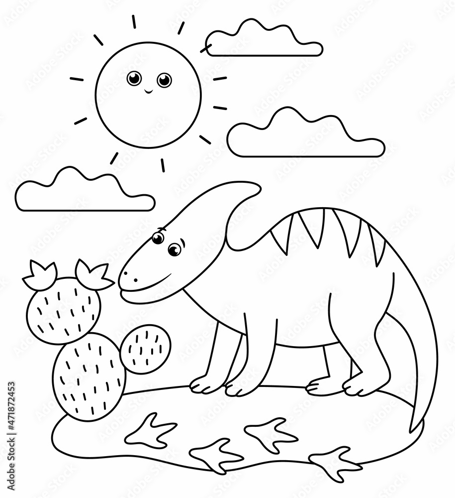 Black and white dino in a desert under the sun with cactus. Summer scene outline illustration with cute dinosaur. Funny prehistoric reptiles coloring page for children. Black and white dino in a desert under the sun with cactus. Summer scene outline illustration with cute dinosaur. Funny prehistoric reptiles coloring page for children.