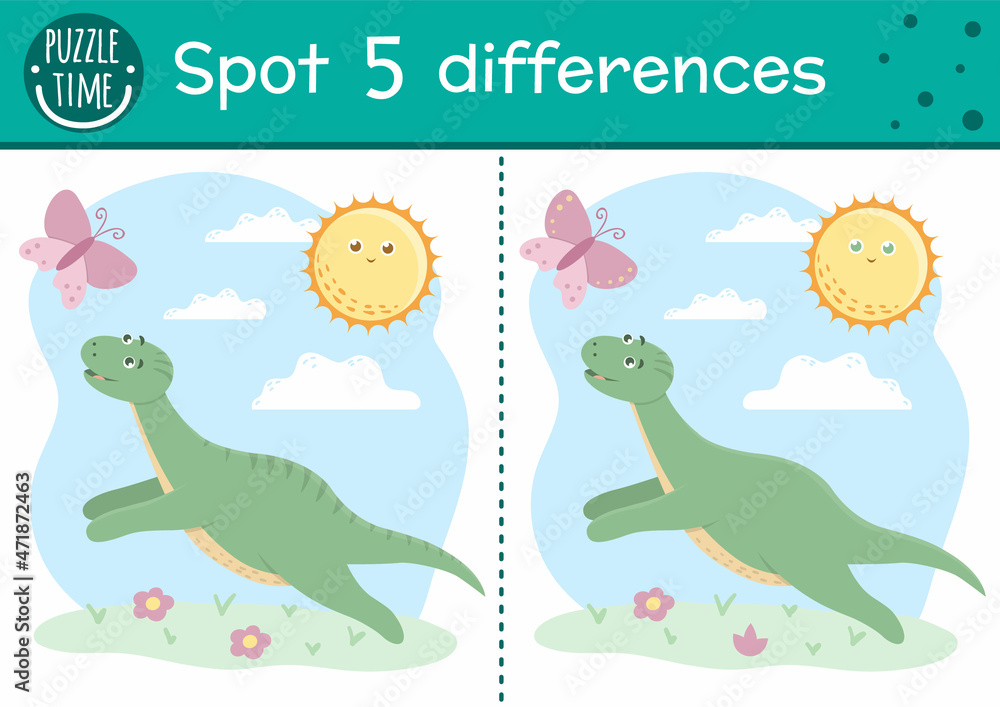 Prehistoric find differences game for children. Jurassic period educational  activity with funny dinosaur. Printable worksheet with dino running for  butterfly. Cute ancient animal puzzle for kids. Stock Vector | Adobe Stock