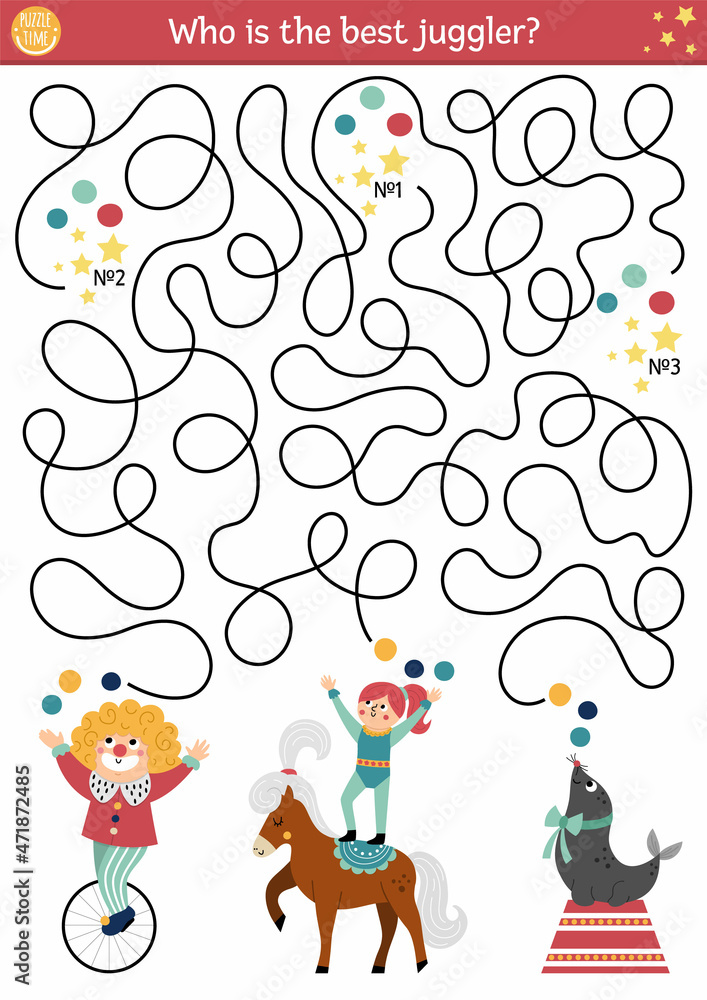 Naklejka premium Circus maze for kids with clown, gymnast, sea lion. Amusement show preschool printable activity with artists. Entertainment festival labyrinth game or puzzle. Who is the best juggler.