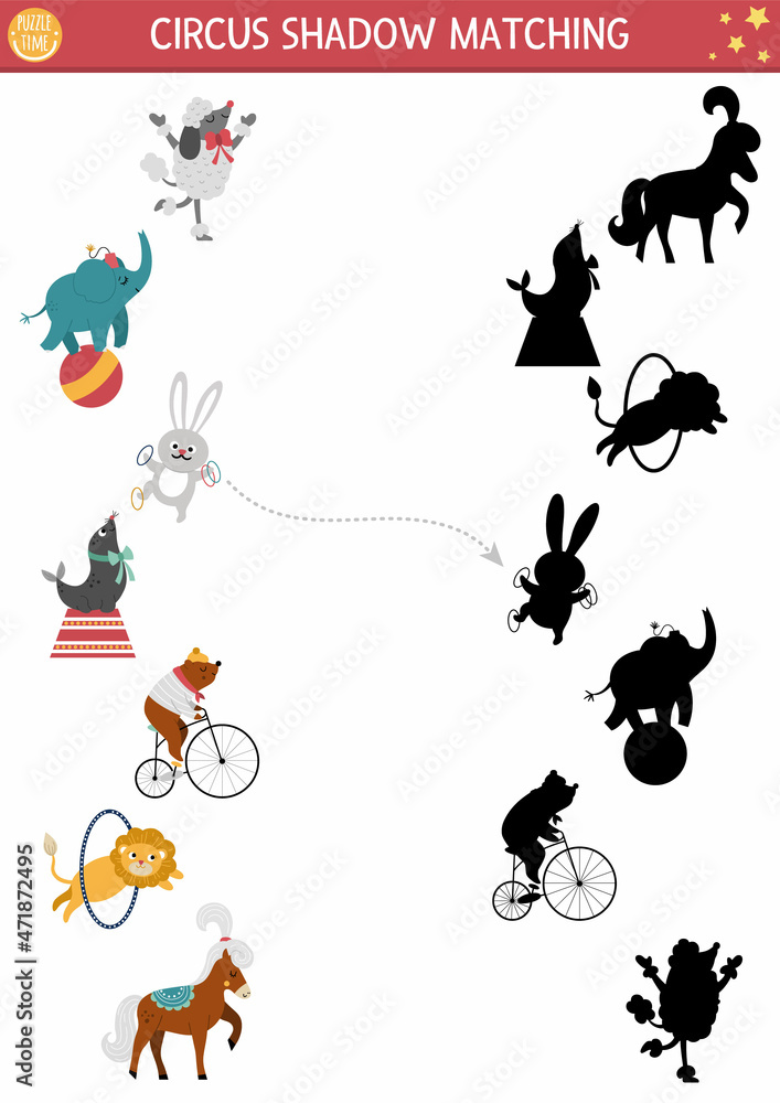 Circus shadow matching activity with cute performers. Amusement show puzzle with funny animal artists. Find correct silhouette printable worksheet. Entertainment festival page for kids.