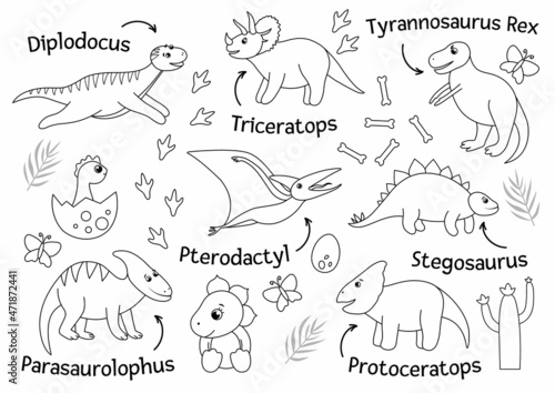 Vector set of cute dinosaurs with names isolated on white background. Funny flat dino characters. Cute prehistoric reptiles illustration.
