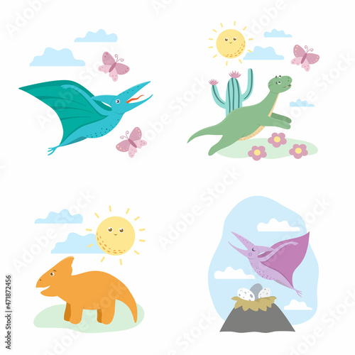 Summer scenes with cute dinosaurs. Illustration with dinos playing  flying  running. Funny prehistoric reptiles illustration for children.