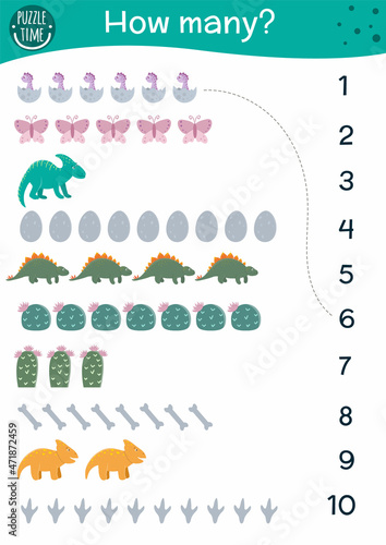 Dinosaur counting game. Math activity for preschool children with dinos. How many objects printable worksheet. Educational prehistoric riddle with numbers..