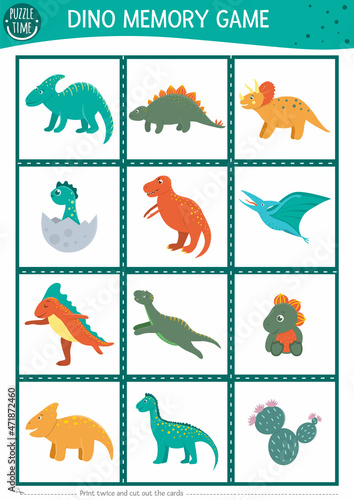 Memory game cards with dinosaurs. Matching prehistoric animals activity with donos. Remember and find correct card. Simple printable worksheet for kids. .