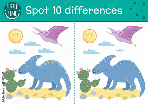 Prehistoric find differences game for children. Jurassic period educational activity with funny dinosaur. Printable worksheet with dino, cactus, sun. Cute ancient animal puzzle for kids.