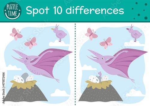 Prehistoric find differences game for children. Jurassic period educational activity with funny dinosaur. Printable worksheet with flying dino, nest with eggs. Cute ancient animal puzzle for kids.