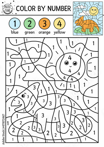 Vector prehistoric color by number activity with dinosaur. Ancient animal coloring and counting game with cute dino. Funny educational coloration page for kids. .