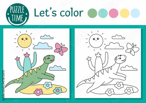 Prehistoric coloring page for children. Cute funny scene with dinosaur running for butterfly. Vector Jurassic period outline illustration. Dino color book for kids with colored example.
