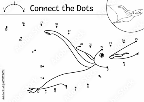 Vector dot-to-dot and color activity with cute flying pterodactyl dinosaur. Prehistoric connect the dots game for children. Funny math coloring page for kids with dino.