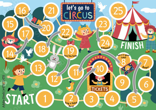 Circus dice board game for children with boy running to marqee, clowns. Amusement show or holiday boardgame. Entertainment festival activity or printable worksheet.