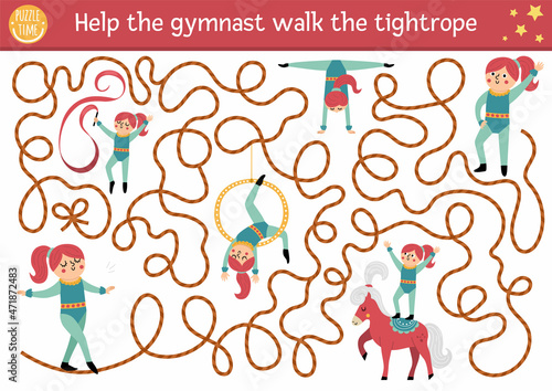 Circus maze for kids with gymnast walking the tightrope. Amusement show preschool printable activity with cute acrobat girl performer. Entertainment festival labyrinth game or puzzle.