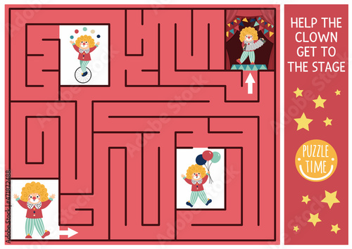 Circus maze for kids with clown going to the stage. Amusement show preschool printable activity with cute artist or performer. Entertainment festival labyrinth game or puzzle.