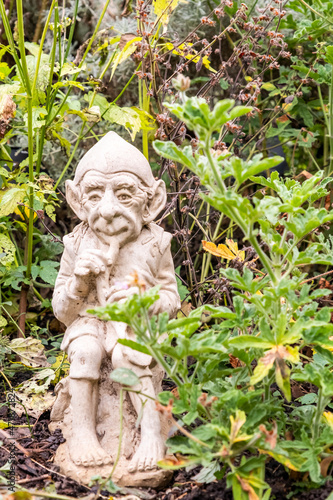 Garden gnome statuette among the foliage and plants in a plant bed in Cambridge Botanical Gardens