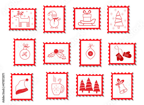 New Year and Christmas postage stamps. Various attributes of the holiday in the outline drawing. Vector illustration. For scrapbooking, cards, invitations and congratulations and various festive decor