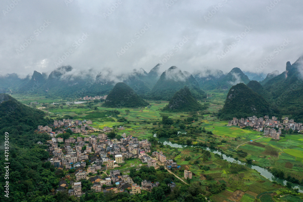Aerial view China Guilin's landscape karst topography