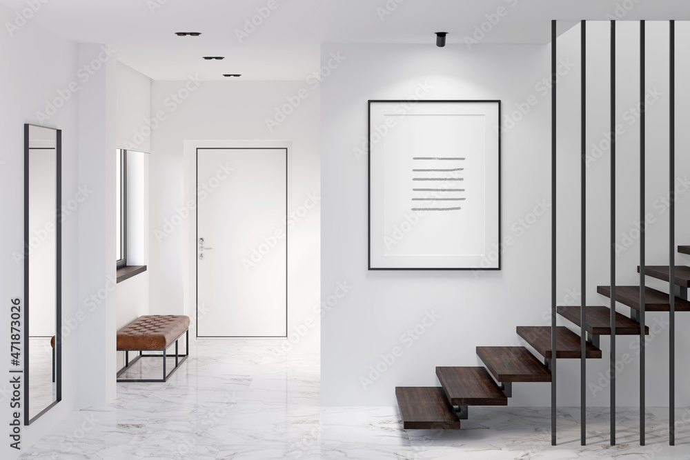 White minimalist lobby with the illuminated vertical poster above the stairs, black-framed mirror, marble floor. There is an entrance door, a leather bench near the window in the background. 3d render - obrazy, fototapety, plakaty 