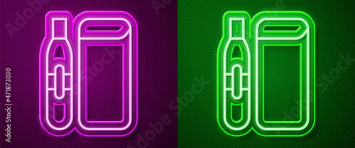 Glowing neon line Electronic cigarette icon isolated on purple and green background. Vape smoking tool. Vaporizer Device. Vector