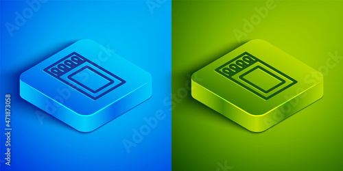 Isometric line Open matchbox and matches icon isolated on blue and green background. Square button. Vector