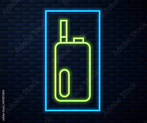 Glowing neon line Electronic cigarette icon isolated on brick wall background. Vape smoking tool. Vaporizer Device. Vector
