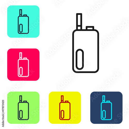 Black line Electronic cigarette icon isolated on white background. Vape smoking tool. Vaporizer Device. Set icons in color square buttons. Vector