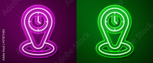 Glowing neon line Time zone clocks icon isolated on purple and green background. Vector