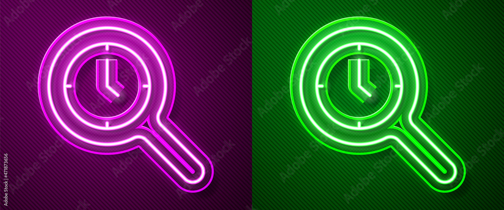 Glowing neon line Magnifying glass with clock icon isolated on purple and green background. Clock search. Vector Glowing neon line Magnifying glass with clock icon isolated on purple and green background. Clock search. Vector