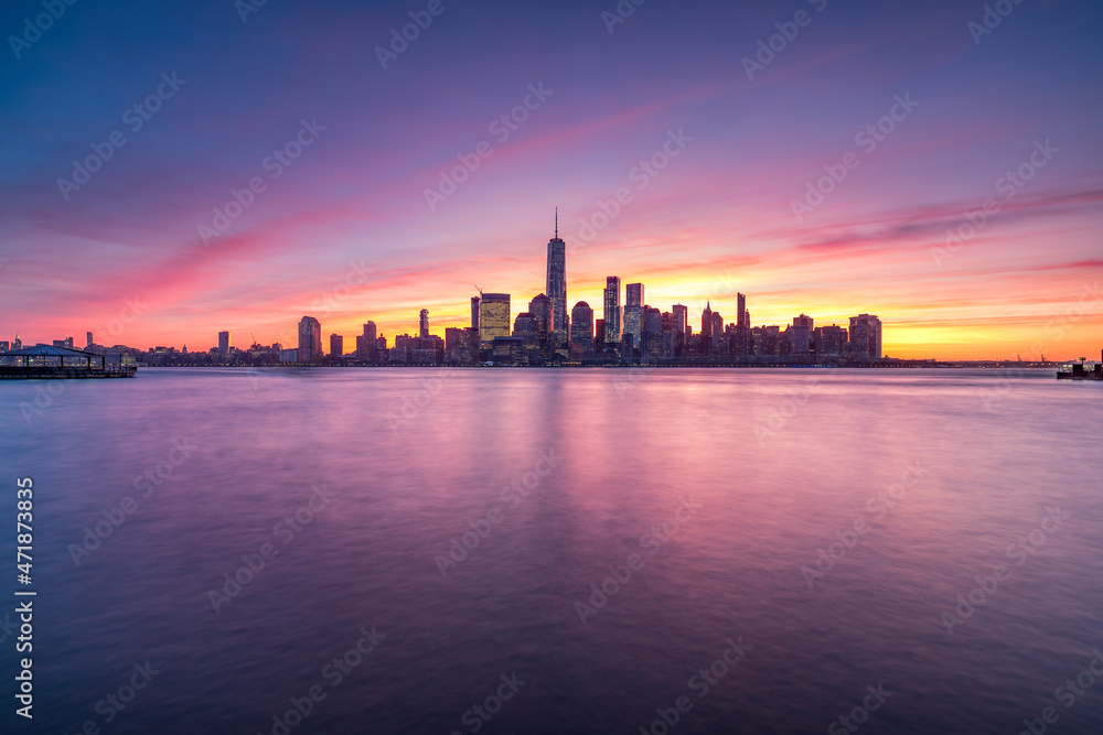 Lower Manhattan skyline at sunrise, New York City, USA