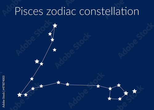 Pisces zodiac constellation sign with stars on blue background of cosmic sky