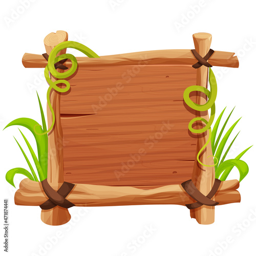 Frame from sticks, wooden planks decorated with grass and liana in comic cartoon style isolated on white background. Border, jungle panel textured and detailed. Game asset, menu. Vector illustration