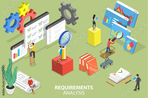 3D Isometric Flat Vector Conceptual Illustration of Requirements Analysis, Software Producet Development