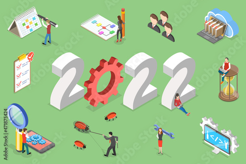 3D Isometric Flat Vector Conceptual Illustration of New Year and Software Development, Agile Project Management