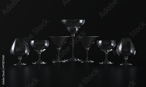 Lots of wine glasses of different shapes. Dark background. 3d rendering