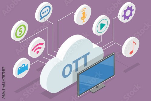 3D Isometric Flat Vector Conceptual Illustration of OTT Platform, Online Entertainment Media Content Distribution